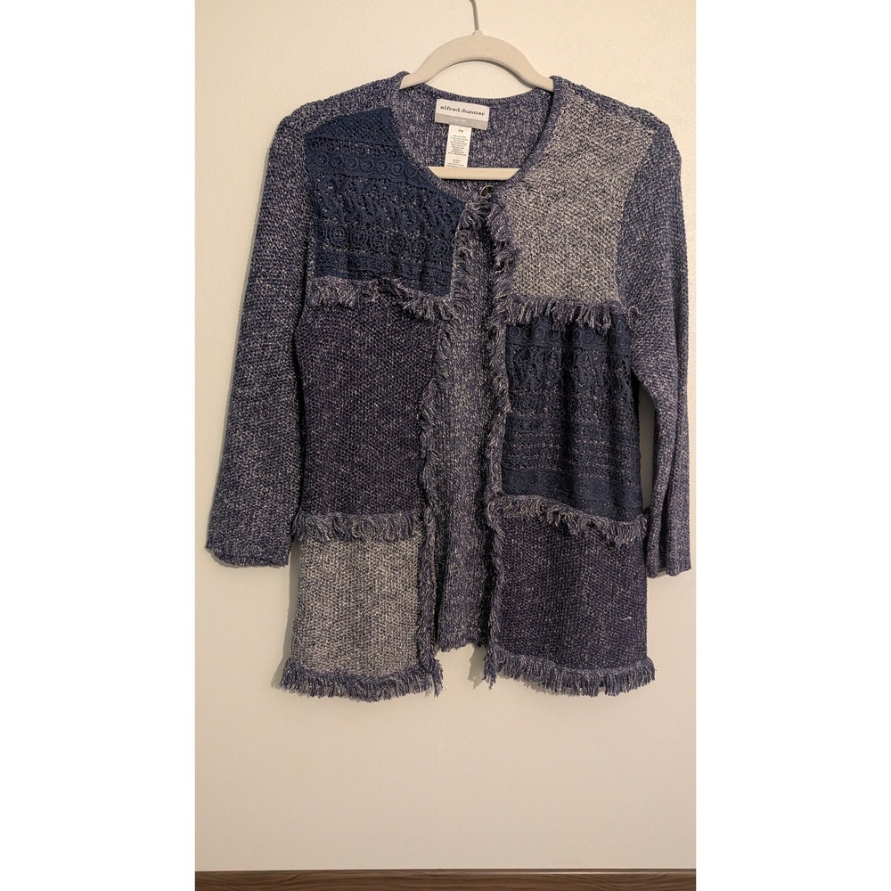 Alfred Dunner Petite PM Blue Patchwork Lace Fringe Open Front Cardiganβ Sweater